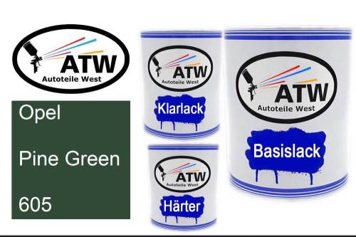 Opel, Pine Green, 605: 1L Lackdose + 1L Klarlack + 500ml Härter - Set, von ATW Autoteile West.